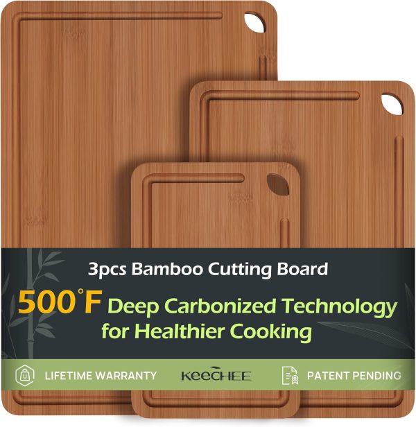 Bamboo Cutting Board, Durable Wood Cutting Boards for Kitchen with Deep Juice Grooves & Built-in Handles, Ideal Charcuterie & Chopping for Meat